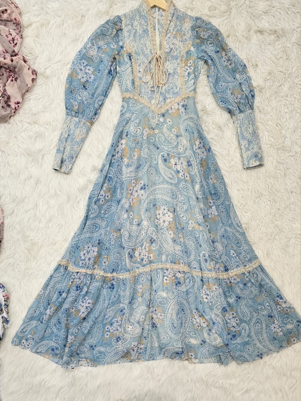 Gunne Sax Vintage Rare 1970 Light Blue Paisley Prairie Lace-Up Corset Maxi Dress - Picture 7 of 14